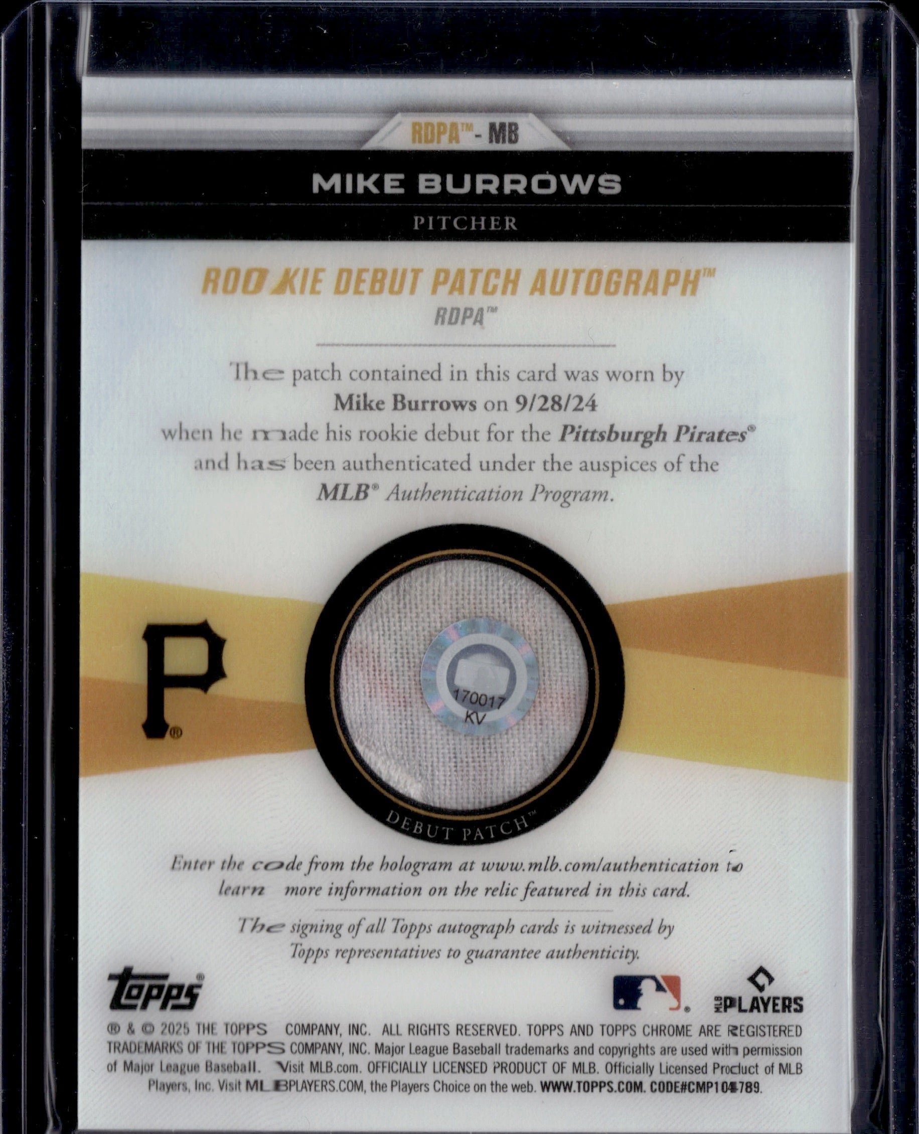 2025 Topps Chrome MLB Debut Mike Burrows Auto Game-Worn Patch 1/1 RC