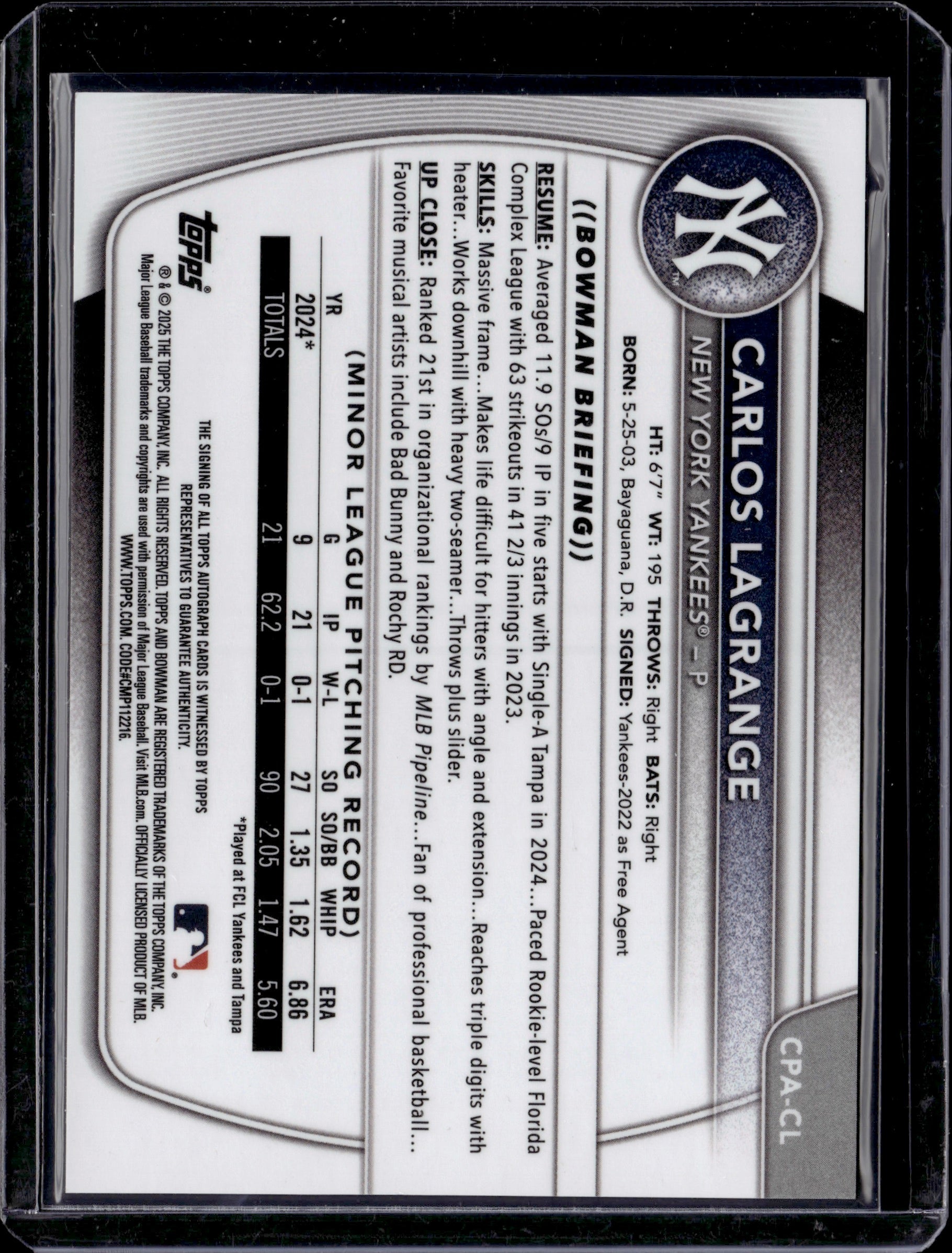 2025 Topps Bowman Chrome Carlos Lagrange #CPA-CL 1st Bowman Auto