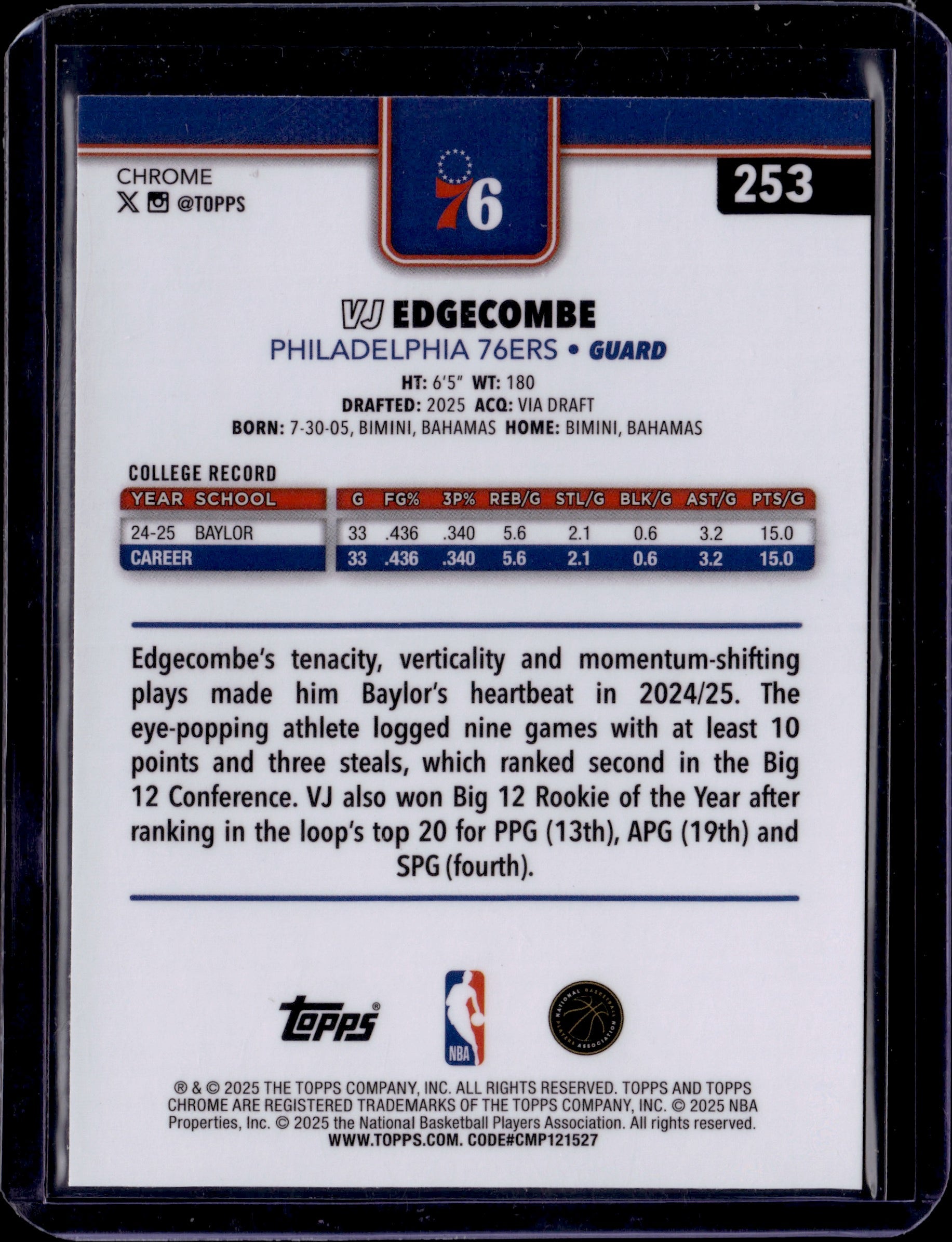 2025 Topps Chrome VJ Edgecombe #253 X-Fractor RC