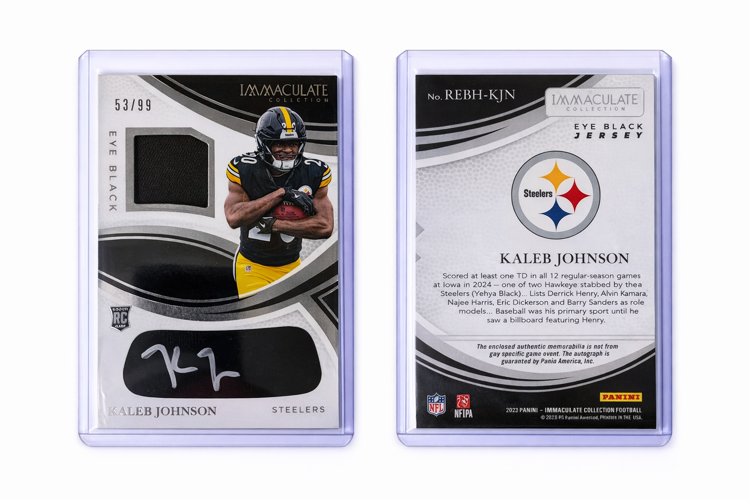 2025 Panini Immaculate Collection Kaleb Johnson Eye Black Jersey Rookie Autograph #REBH-KJN 53/99