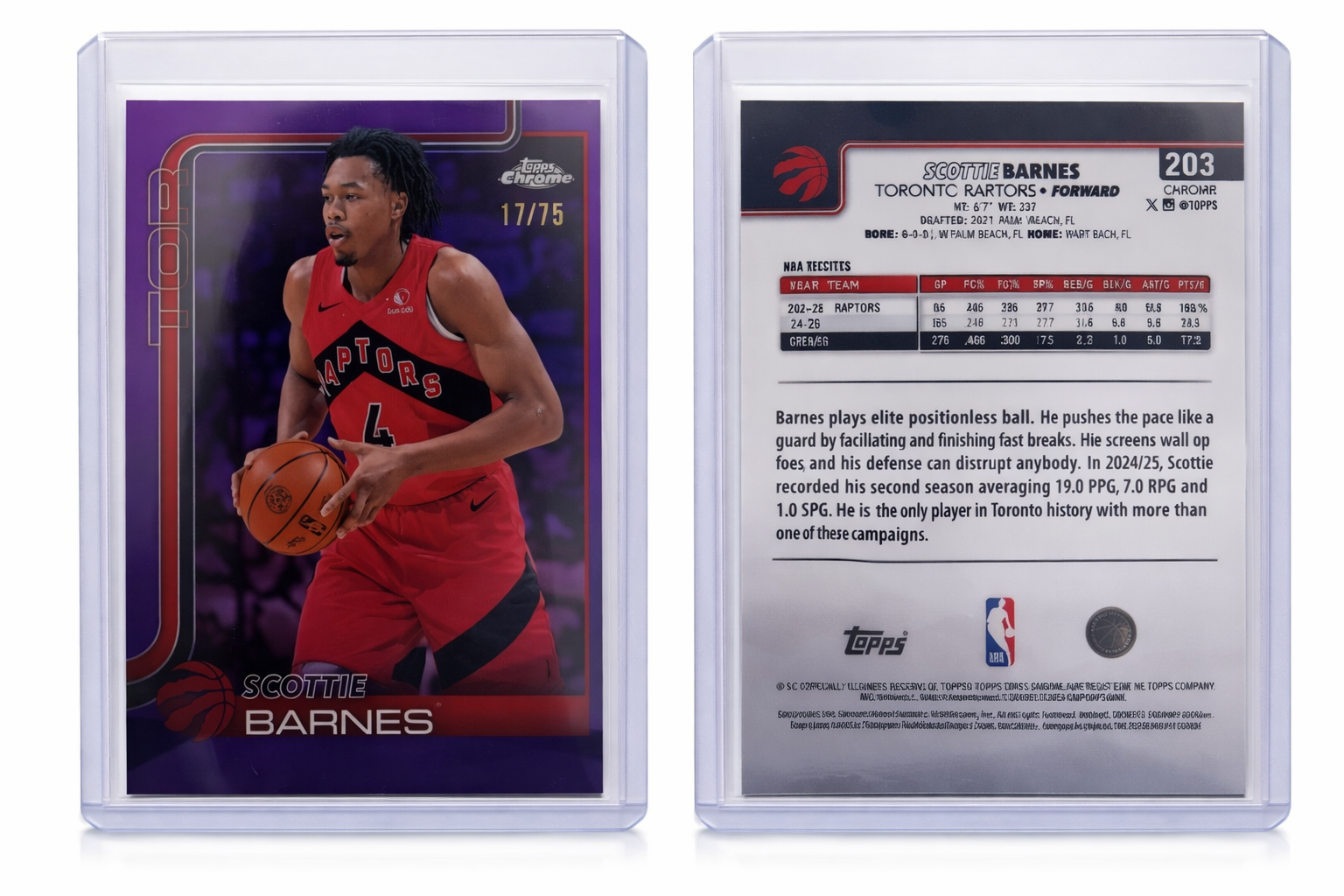 Scottie Barnes 2025-26 Topps Chrome Purple Parallel /75 Toronto Raptors #203 #17/75