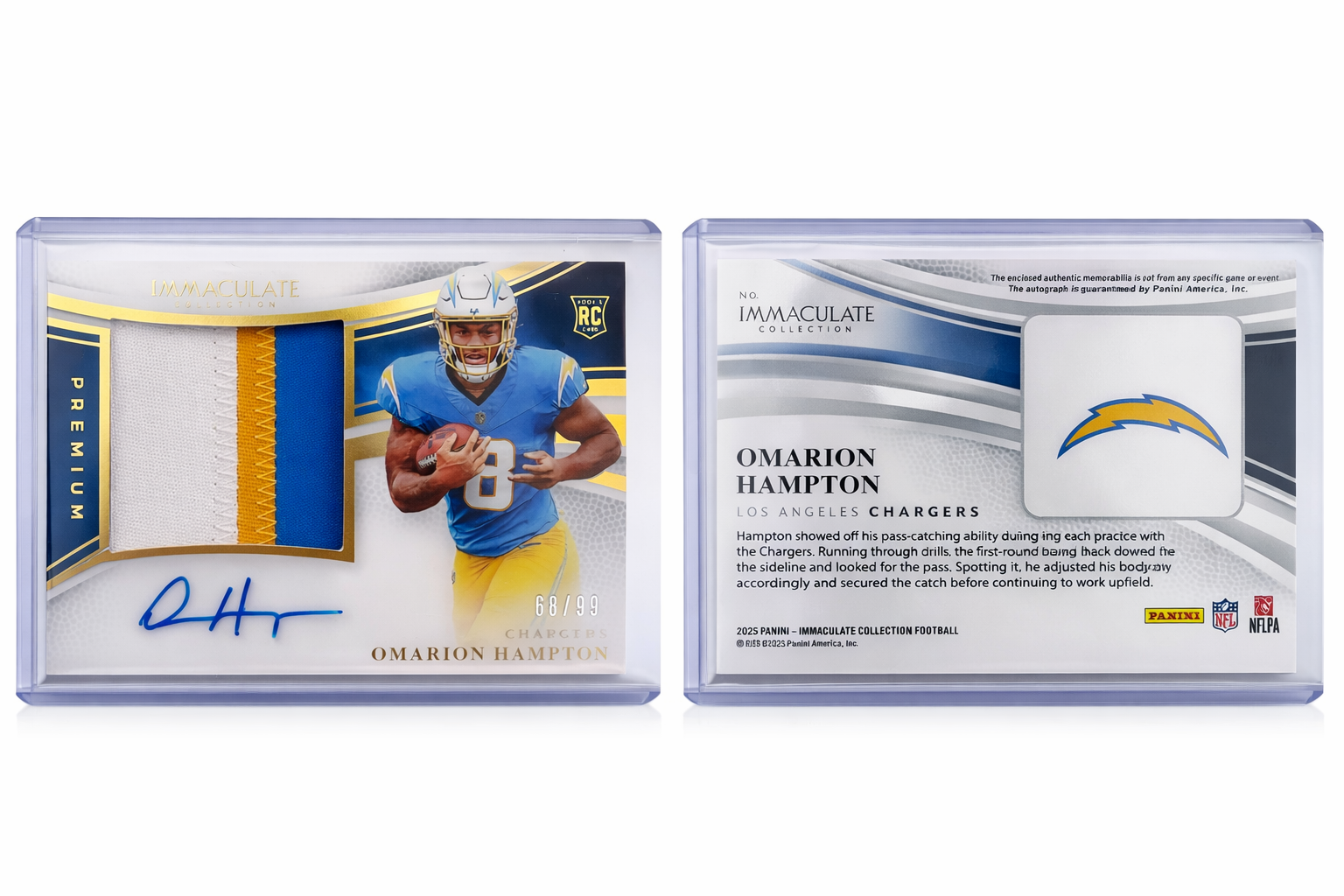 Omarion Hampton 2025 Panini Immaculate Collection Premium RC Patch Auto /99 Los Angeles Chargers #68/99