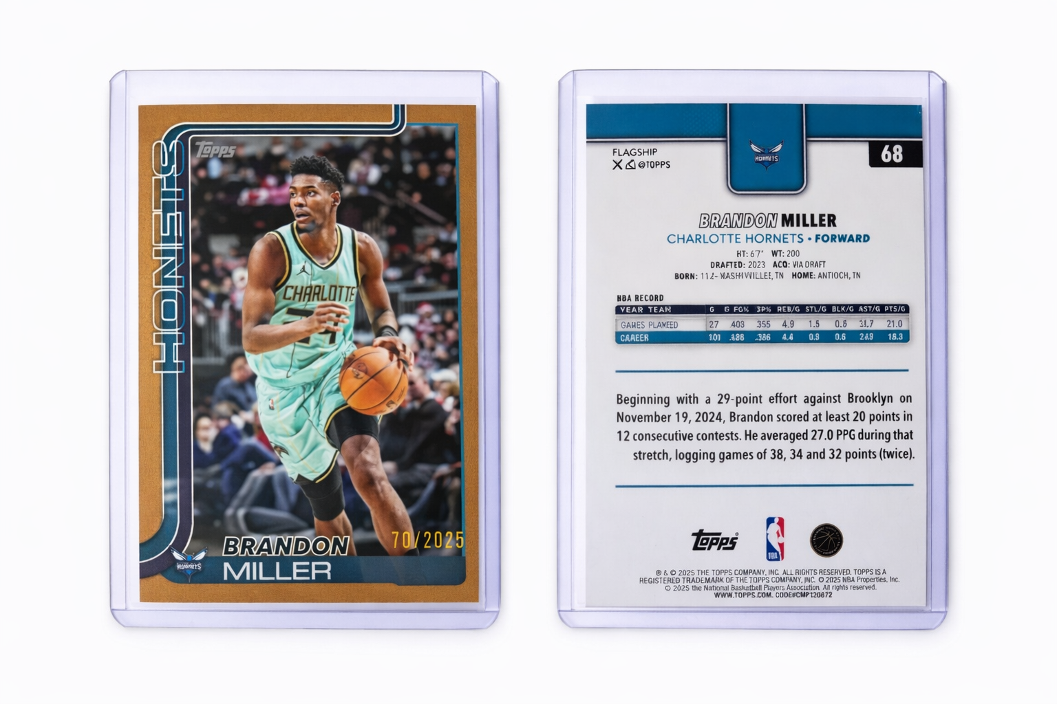 2025 Topps Flagship Basketball Brandon Miller Gold Parallel #68 — 70/2025